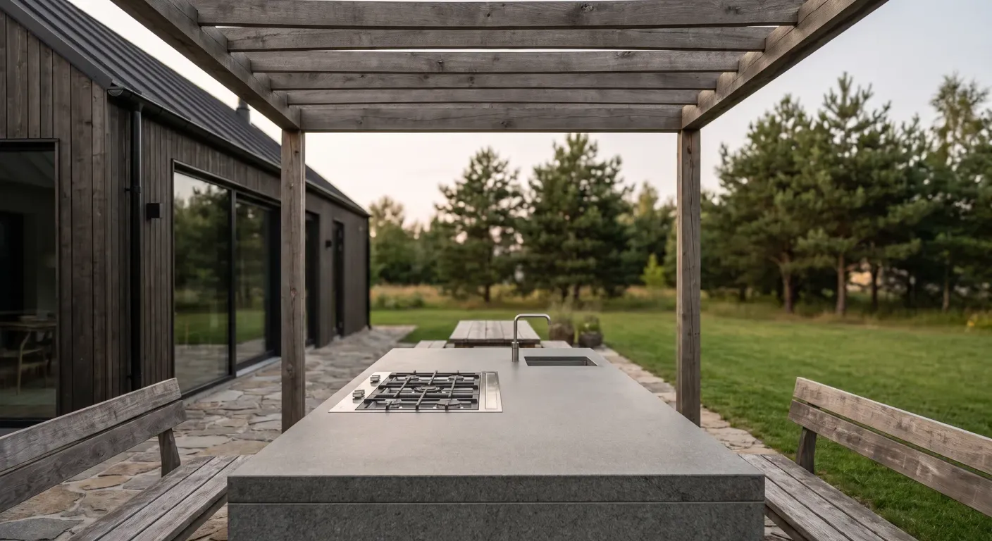 Utekök under pergola med bänkskiva i grå granit, gasolhäll och diskho – visualisering