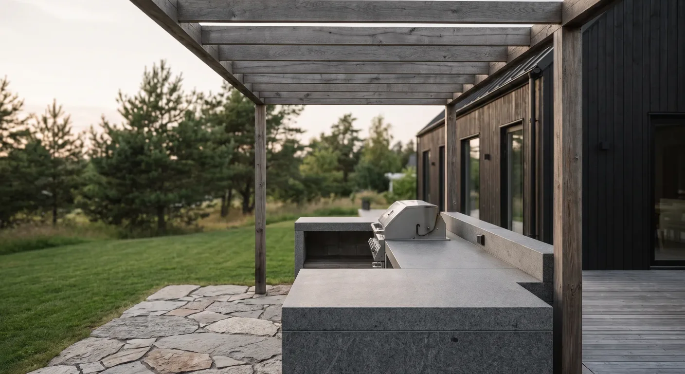 Utekök under träpergola med bänkskiva i grå granit och inbyggd grill