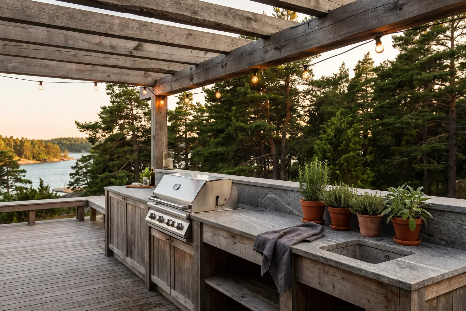 Utekök med bänkskiva i granit, grill och diskho på terrass i kvällsljus