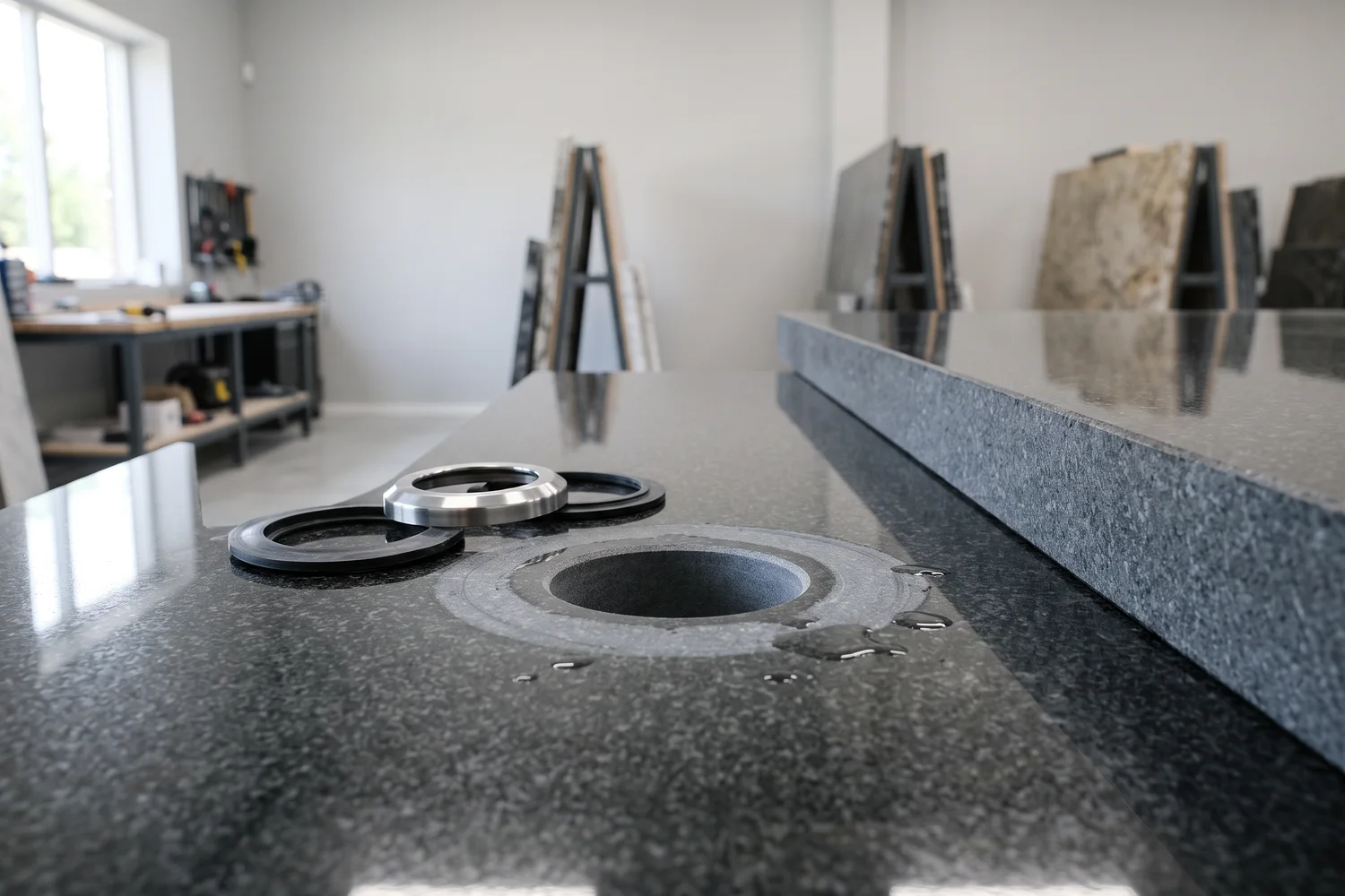 Nyborrat hål på 35 mm i en polerad mörkgrå granitskiva i verkstaden – slät hålvägg, vattendroppar och blandarens bottenring och packning bredvid