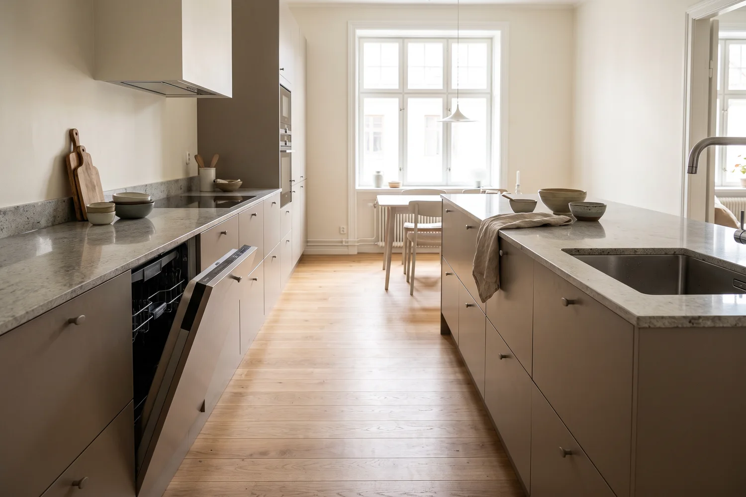 Gångyta mellan köksö och väggbänk med samma stenskiva på båda sidor – tillräckligt brett för att passera en öppen diskmaskinslucka